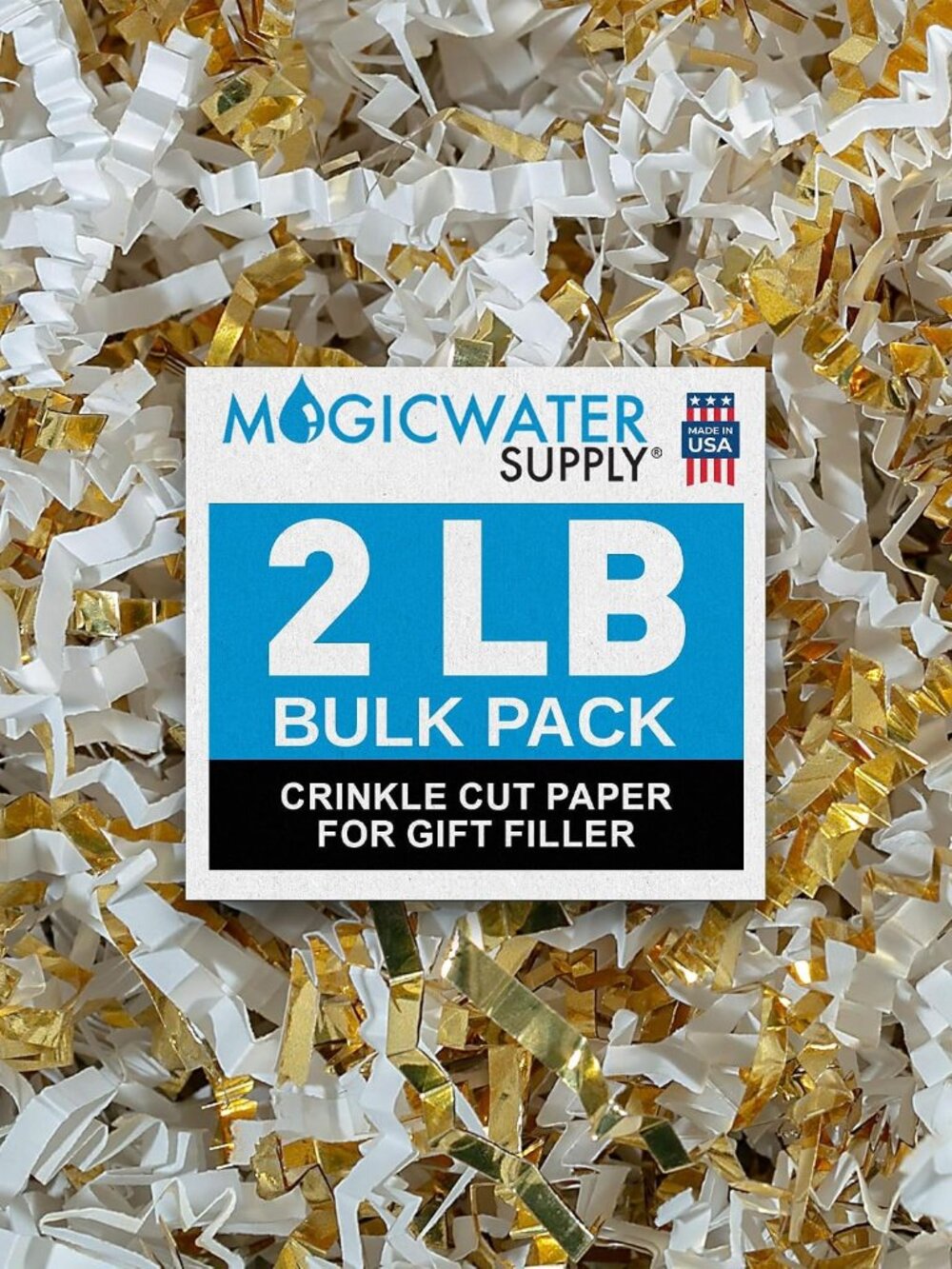 MagicWater Crinkle Cut Paper Gift Basket Filler - 2 LB - White & Gold